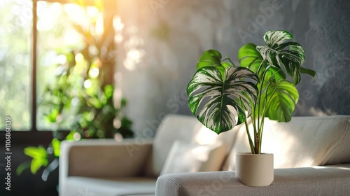 A rare monstera tricolor plant with stunning variegation in a sleek, modern living