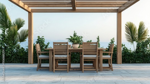 Eco-friendly interior design with bamboo furniture. Outdoor dining area with wooden furniture and scenic view.