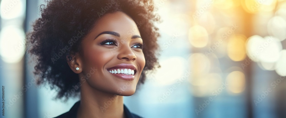 A smiling woman with curly hair in a bright, modern setting.