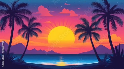 A tropical summer sunset with palm trees silhouetted against a vibrant sky