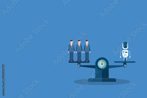 Balance scales man vs Ai bot. Competition concept artificial intelligence digital technology. Ai robot standing on the scale and equal to businessman.	