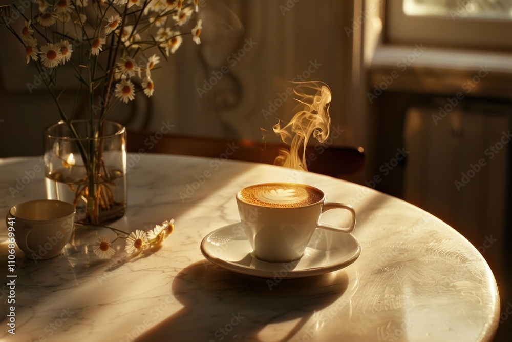 Steaming cappuccino on marble table with chamomile flowers in soft morning light. Steaming cappuccino on marble table with chamomile flowers in soft morning light.