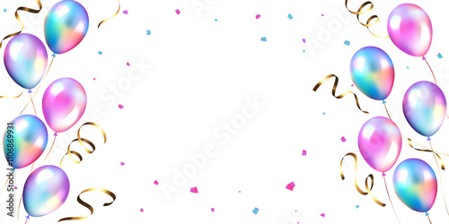 Holographic balloons and confetti vector design background