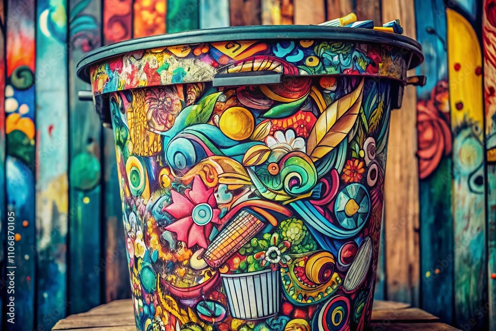 Fototapeta premium Doodle Style Macro Photography of an Open Trash Bin Filled with Colorful Waste, Showcasing Unique Textures and Details for Creative Environmental Awareness