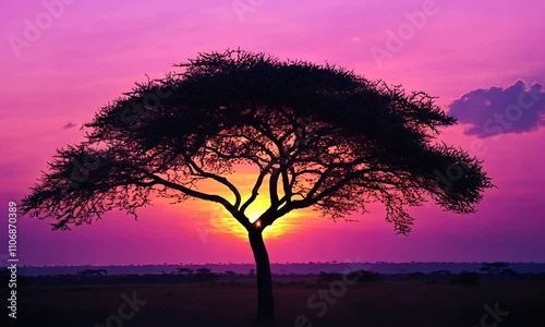 African Sunset Silhouette: A Solitary Tree at Dusk