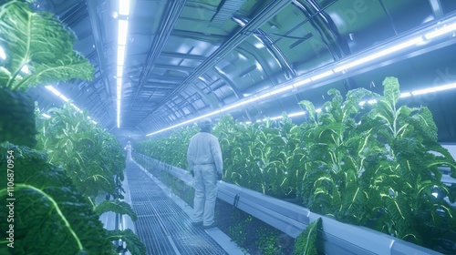 Futuristic Agriculture: Farmer Examining Crops in High-Tech Underground Farm with LED Lighting | Ultra-Detailed 3D Render