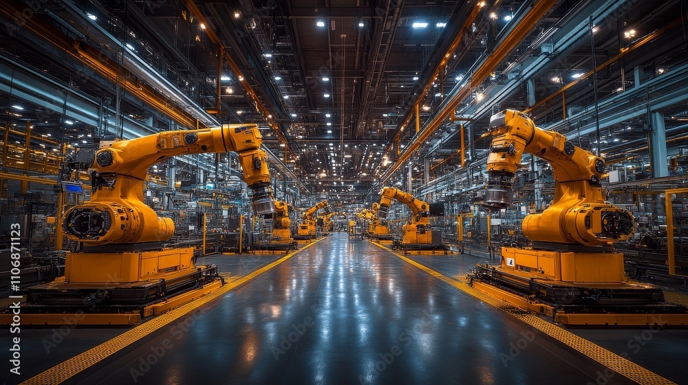 Rows of Industrial Robots in a Modern Factory Setting Rows of Industrial Robots in a Modern Factory Setting