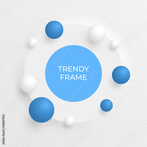 Realistic 3d frame. White and blue circle stage with bouncing balls. Abstract vector background