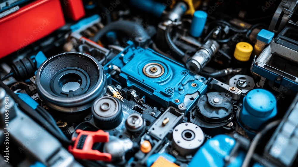 Close-up of a disassembled engine with various parts and tools scattered around Close-up of a disassembled engine with various parts and tools scattered around