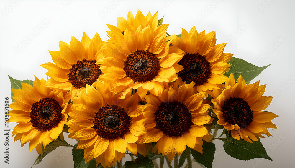 A cluster of yellow sunflowers with brown centers and green leaves A cluster of yellow sunflowers with brown centers and green leaves