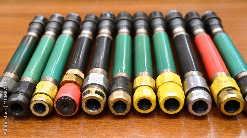 An assortment of twelve industrial hoses with varying lengths, colors, and fittings An assortment of twelve industrial hoses with varying lengths, colors, and fittings