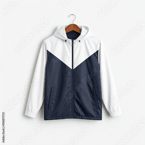 white and navy blue hooded jacket mockup on a white background