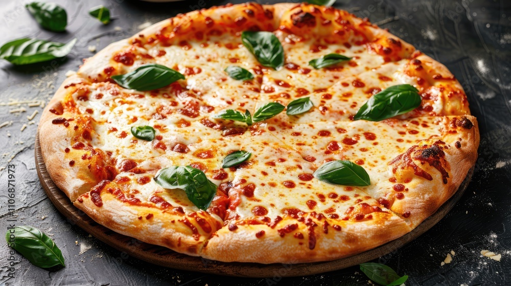 Freshly Baked Four Cheese Pizza with Basil Leaves on Dark Background Freshly Baked Four Cheese Pizza with Basil Leaves on Dark Background