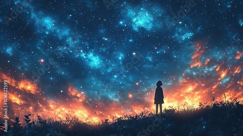 A starry sky with the silhouette of a person standing on a hill, gazing at the stars