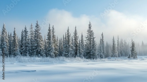 A snowy wilderness scene with pine trees covered in frost and a serene landscape.