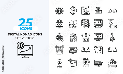 Digital nomad icons set vector icons pack set Collection Layout Vector Template. Vector illustration in line style of icons
