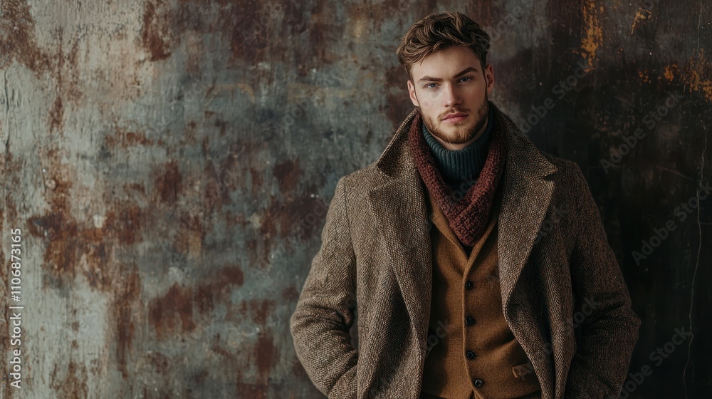 A stylish fashion portrait of a man in trendy clothing, posing confidently against a chic backdrop A stylish fashion portrait of a man in trendy clothing, posing confidently against a chic backdrop
