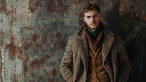 A stylish fashion portrait of a man in trendy clothing, posing confidently against a chic backdrop