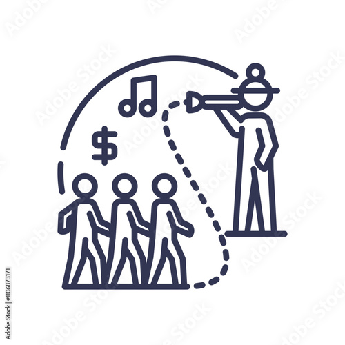 A figure leads people with music and money symbols, symbolizing deception.