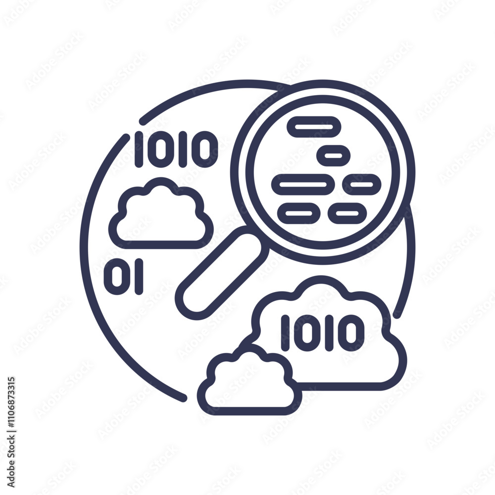 Magnifying glass over binary code and clouds symbolizes data monitoring and analysis. Magnifying glass over binary code and clouds symbolizes data monitoring and analysis.