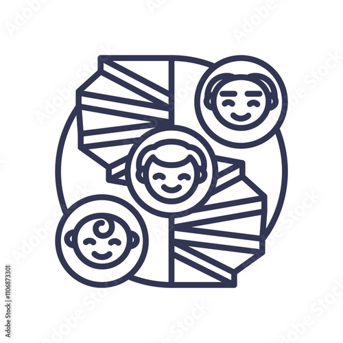 Illustration of life stages with smiling faces and spiral paths, symbolizing growth and journey.