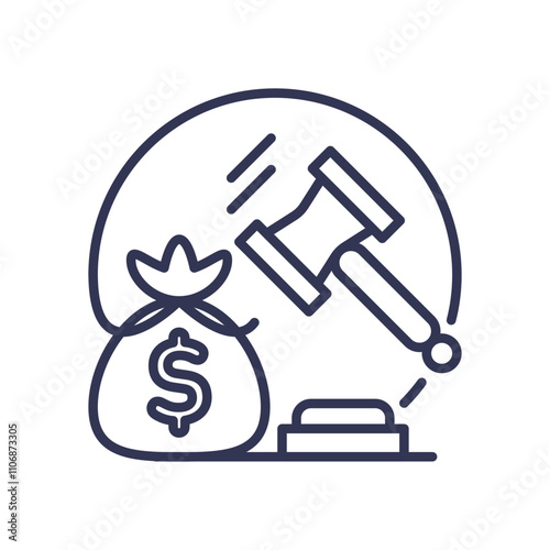 Gavel and money bag symbolize judicial oversight and financial justice.