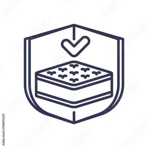 Shield with mattress and checkmark symbolizes durability and longevity.