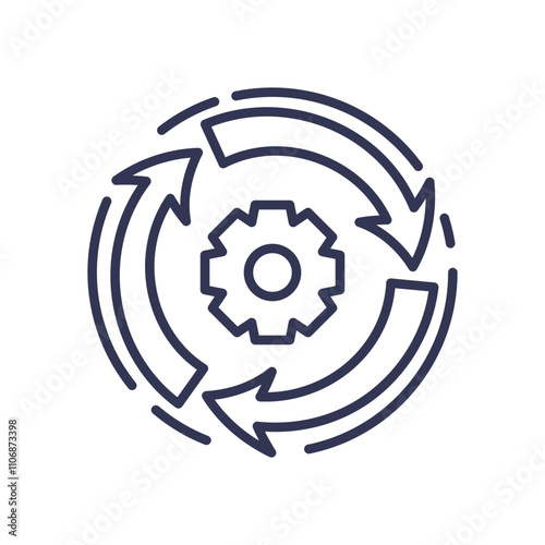 Circular arrows and gear symbolize resource recovery and recycling processes.