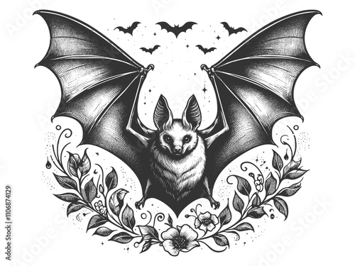 bat with outstretched wings, surrounded by smaller bats and intricate floral elements, gothic style sketch engraving generative ai vector illustration. Scratch board imitation. Black and white image.