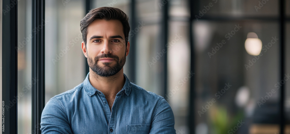 Confident Young Man in Casual Attire Posing in Modern Office Environment