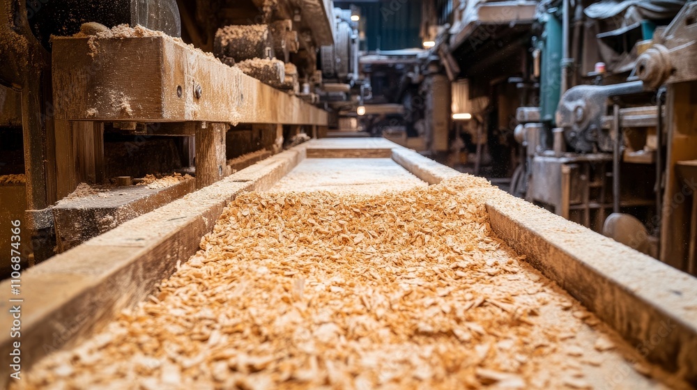 Wood shavings collected in a long trough in a factory setting Wood shavings collected in a long trough in a factory setting