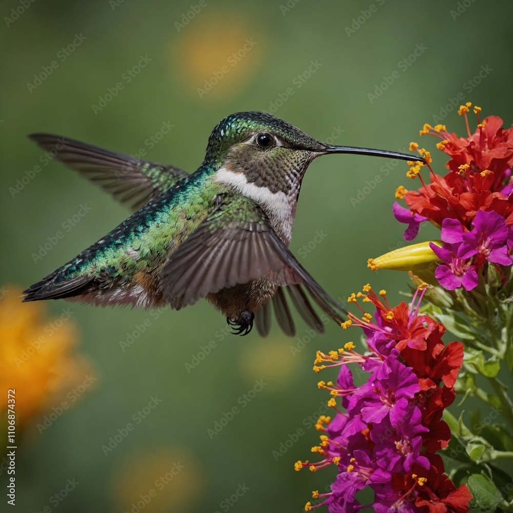 Fototapeta premium A hummingbird sipping nectar from a vibrant flower.