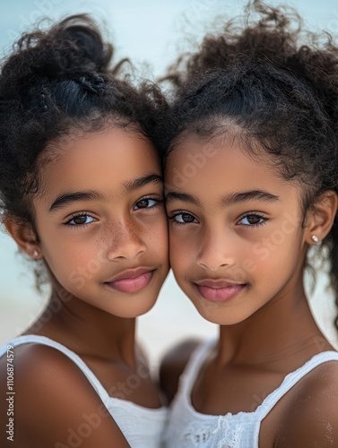 Black sister twins having fun on the beach during summertime - Focus on right girl face