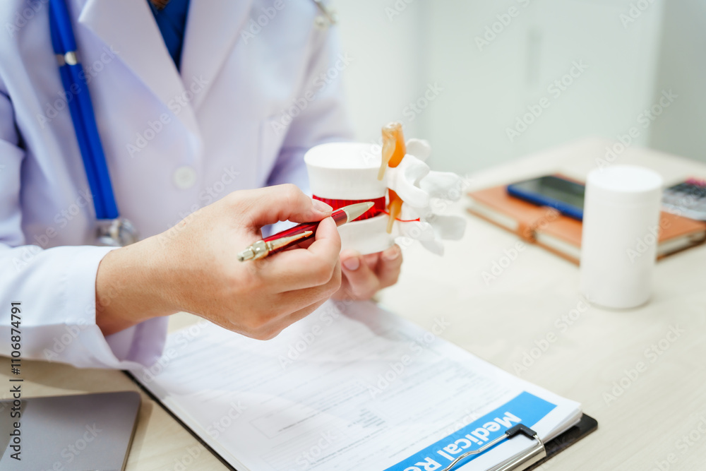 A male doctor wearing glasses sits at a desk, explaining a spine model, discussing spinal anatomy, degenerative diseases, nerve compression, back pain, osteoporosis, muscle weakness,reduced mobility A male doctor wearing glasses sits at a desk, explaining a spine model, discussing spinal anatomy, degenerative diseases, nerve compression, back pain, osteoporosis, muscle weakness,reduced mobility