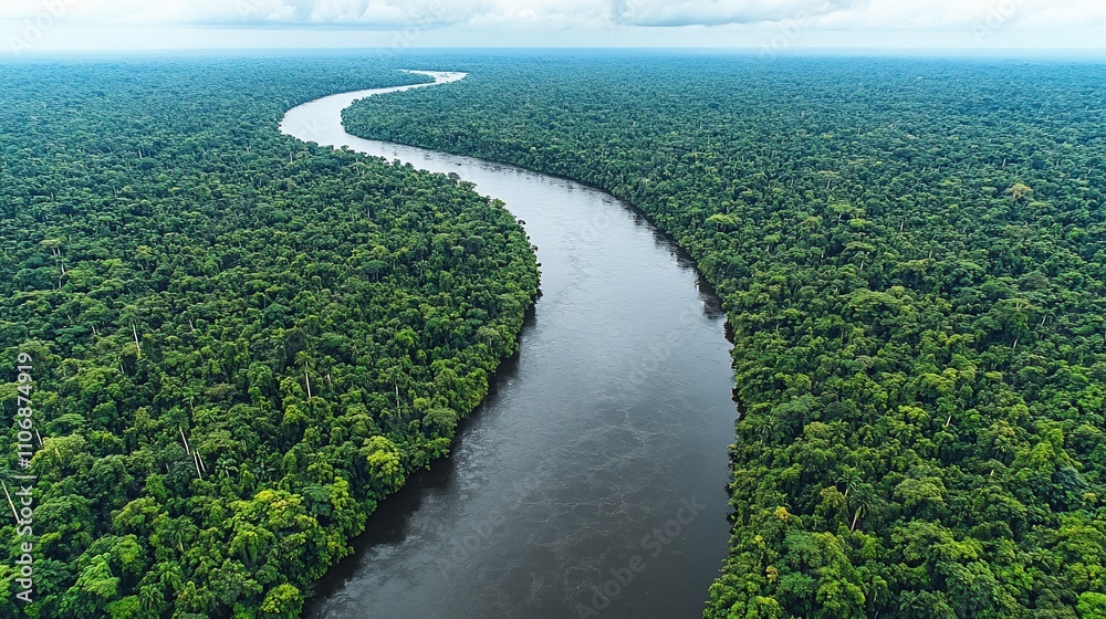 Aerial view of a winding river surrounded by lush green rainforest. Aerial view of a winding river surrounded by lush green rainforest.