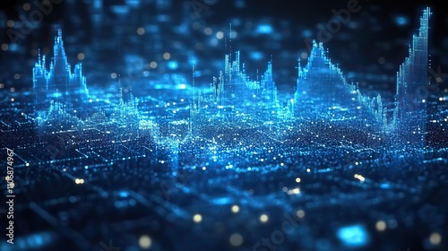 A stock market graph on a dark blue background with abstract line graphs, representing data analysis and financial growth