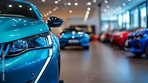Close-up of a modern blue car's front view with sleek design, displayed in a showroom. Blurred background with lights and other vehicles. Video 4k