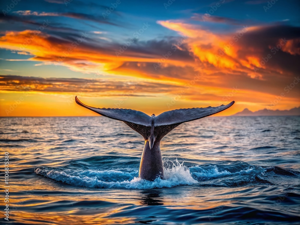 Fototapeta premium Dusky Black Whale Tail Emerging from Water at Angle with Copy Space for Nature and Marine Life Themes