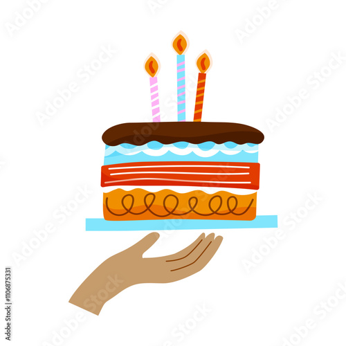 Hand holding birthday cake with candles. For birthday card, party invitation, festive banners, or digital designs celebrating birthdays and special occasions. Vector illustration. Vector illustration