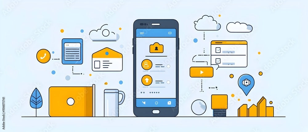 An illustrated digital interface featuring a smartphone surrounded by various icons representing cloud storage, data security, and communication tools in a modern design. An illustrated digital interface featuring a smartphone surrounded by various icons representing cloud storage, data security, and communication tools in a modern design.