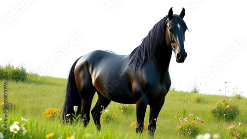Elegant Friesian horse standing in a lush green meadow on a white background, animal, countryside, green meadow, white background