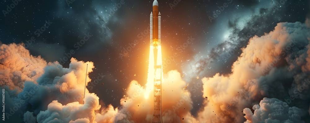 Obraz premium Powerful Rocket Launch Ascending Through Starry Night Sky