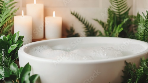 A bubble bath surrounded by candles and leafy plants, Happy Sunday life, relaxation self-care