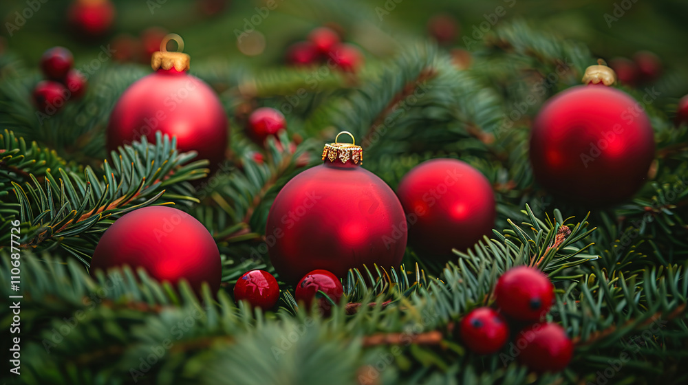 Fototapeta premium Festive Fir Tree and Christmas Decorations as Background