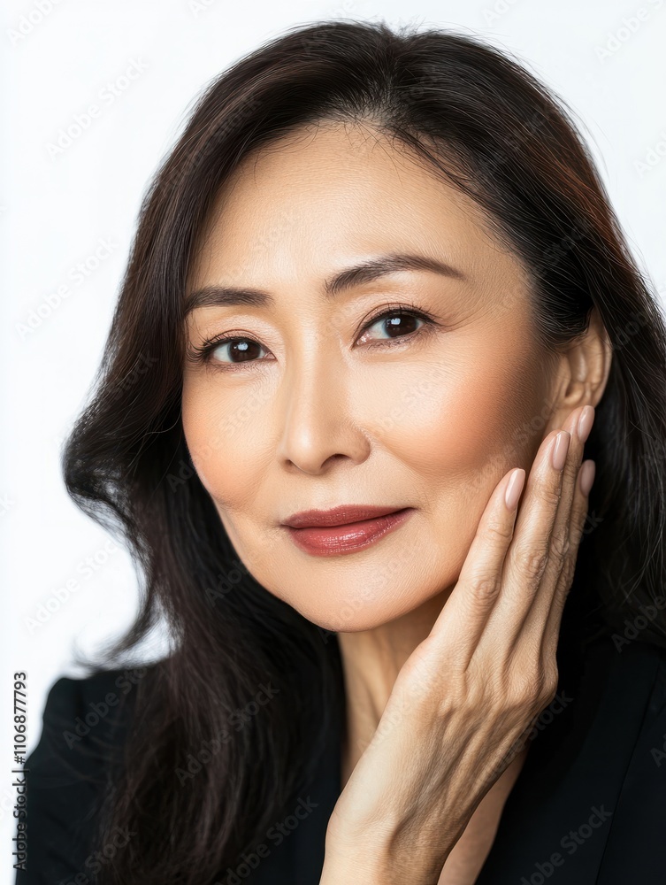 Closeup cut portrait of happy middle aged mature asian woman, senior older 50 year lady looking at camera touching her face isolated on white. Ads of eye lifting anti wrinkle skin care cream. Closeup cut portrait of happy middle aged mature asian woman, senior older 50 year lady looking at camera touching her face isolated on white. Ads of eye lifting anti wrinkle skin care cream.