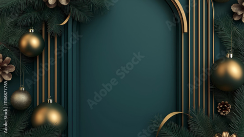 Christmas Background with Gold and Green Decorations photo