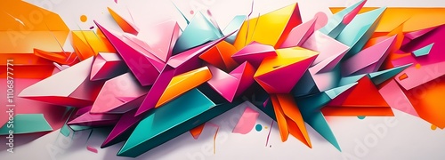 A bold 3D modern canvas featuring jagged, geometric shapes in neon colors, layered to create a sense of energy and chaos with a striking contrast of light and shadow photo