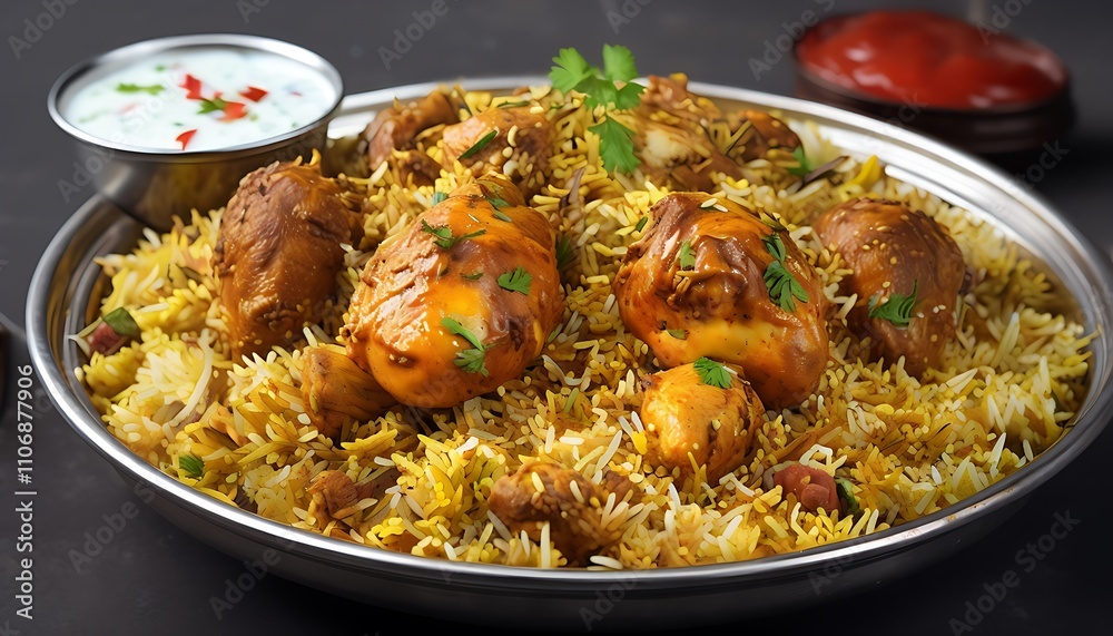 hot chicken biryani served with yogurt on the side hot chicken biryani served with yogurt on the side