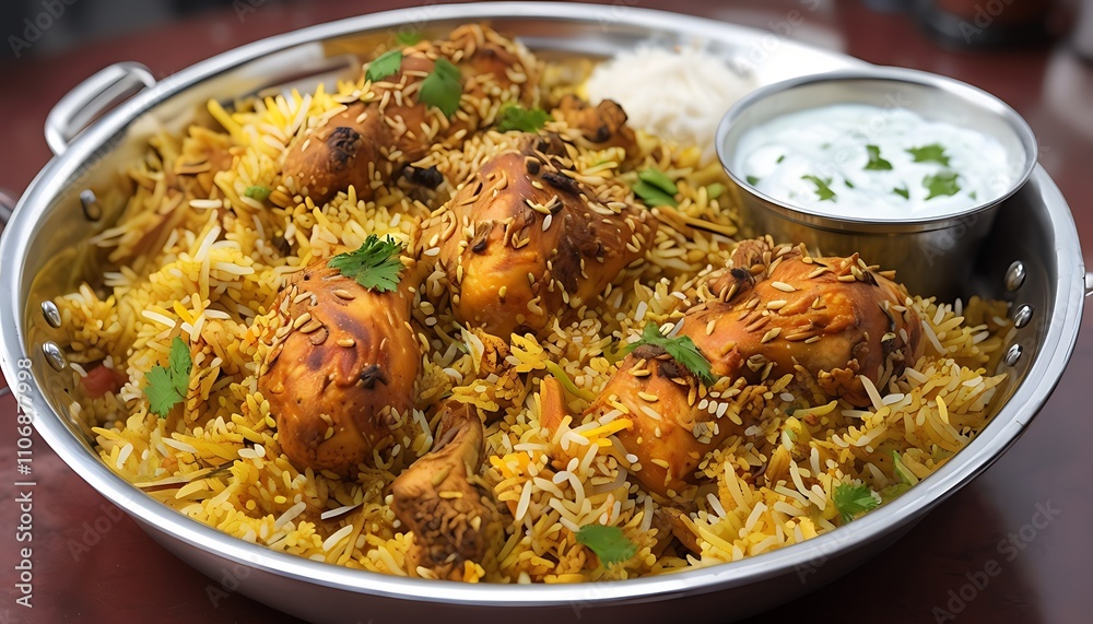 hot chicken biryani served with yogurt on the side hot chicken biryani served with yogurt on the side