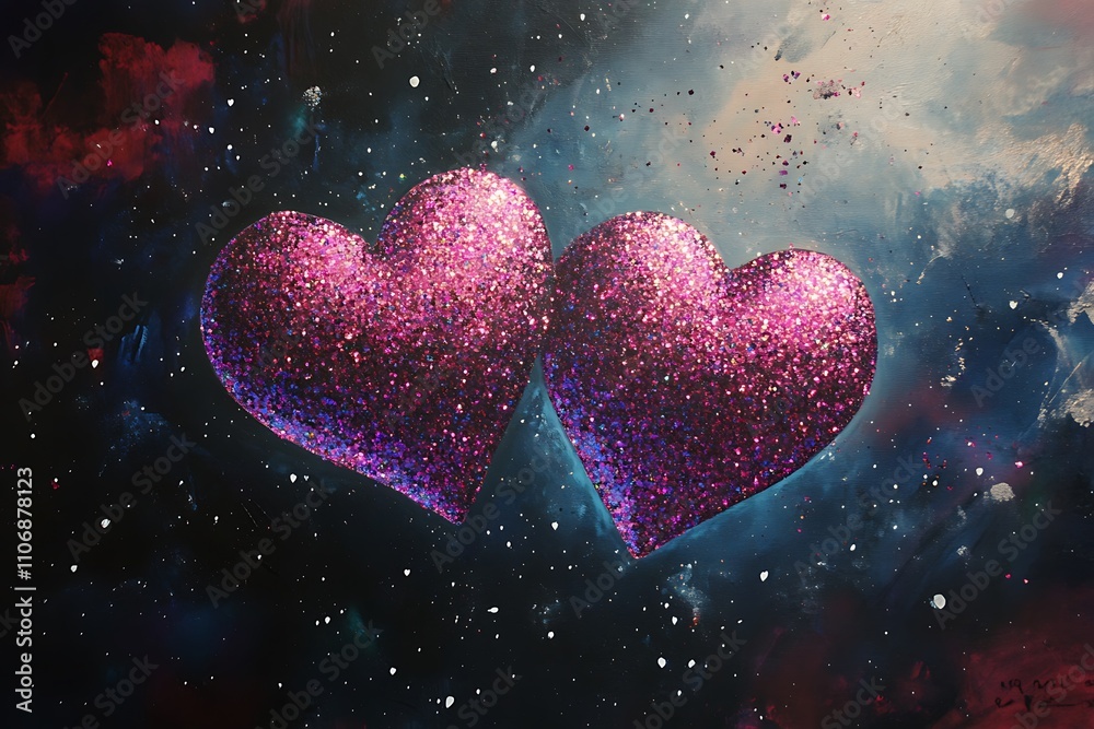 Obraz premium Two Glittering Hearts Against A Cosmic Background